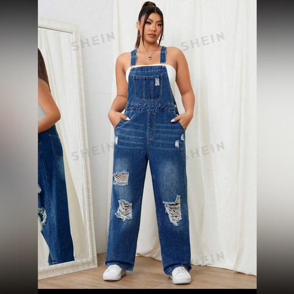SHEIN EZwear Plus Size Women Pocketed Distressed Denim Jumpsuit Overalls - Picture 2 of 5